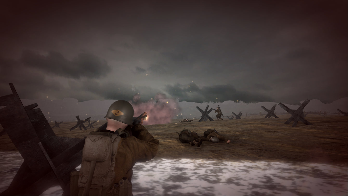 War scene with soldiers in a battlefield under a dark, stormy sky.