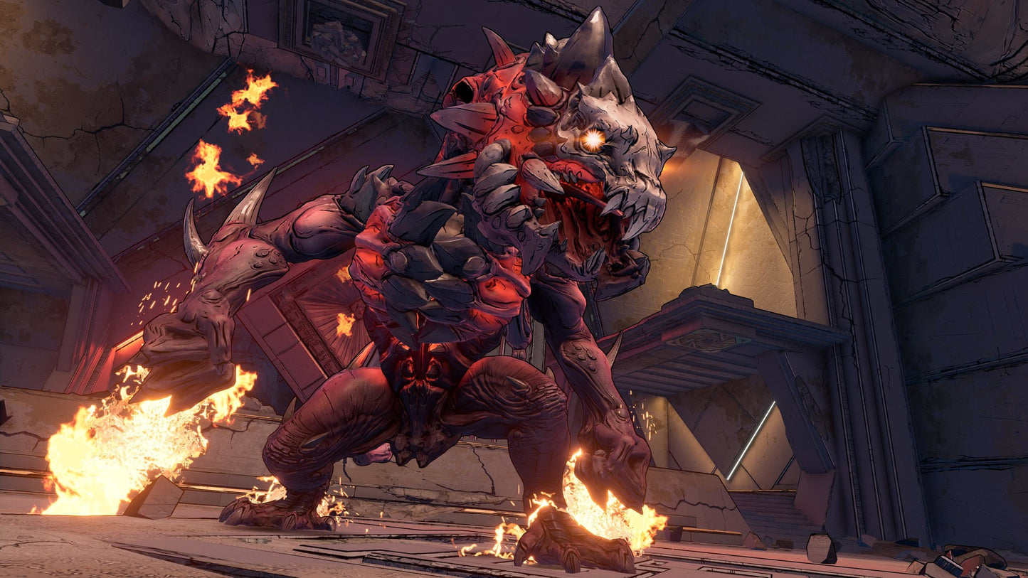 Monster with fiery effects in a dark, industrial setting