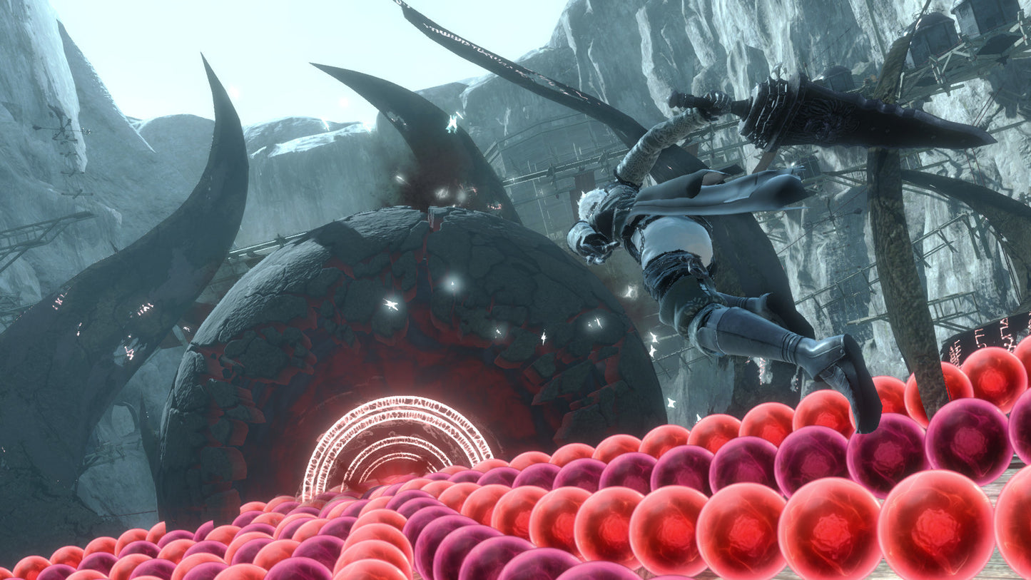 Character in a fantasy setting with large creature and red spherical objects