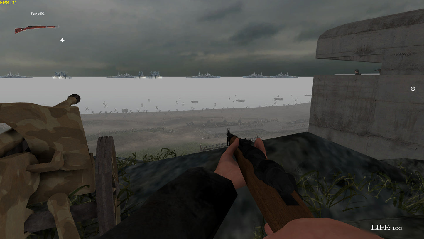 First-person shooter game scene with a gun held, looking over a body of water with ships.