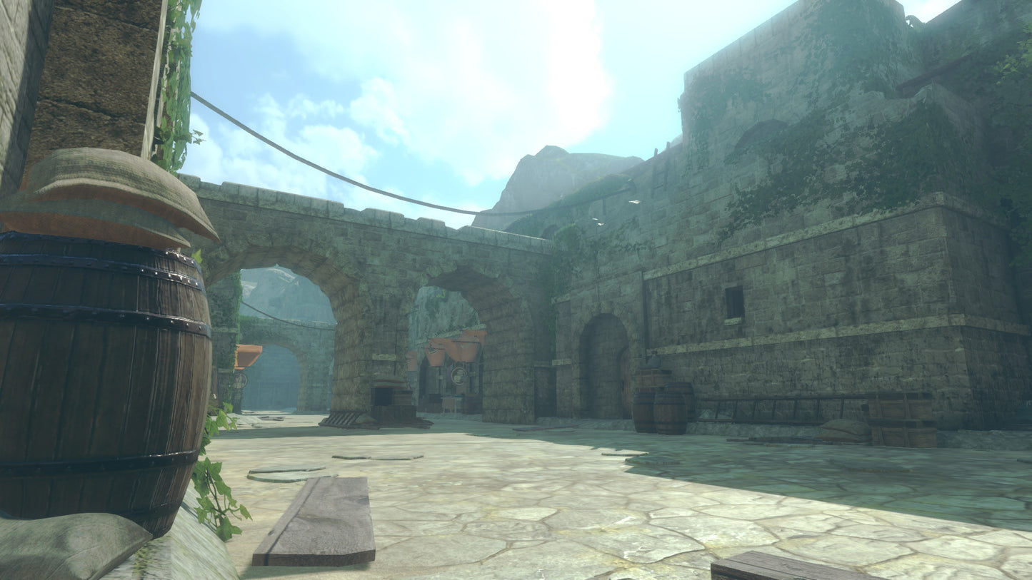 Stone archway and wall in a video game setting