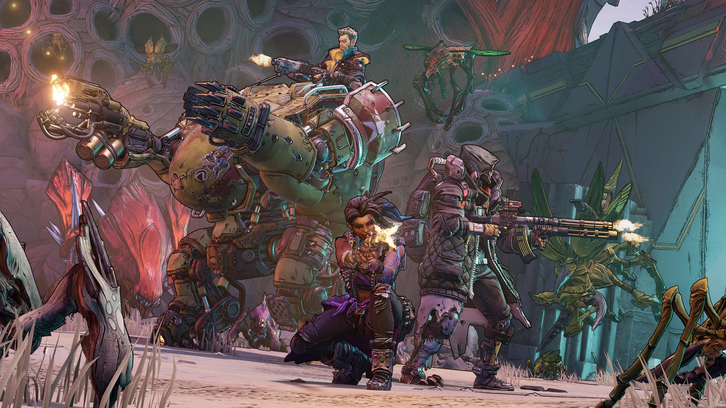 Sci-fi scene with characters in futuristic armor and weapons in a colorful, otherworldly setting.