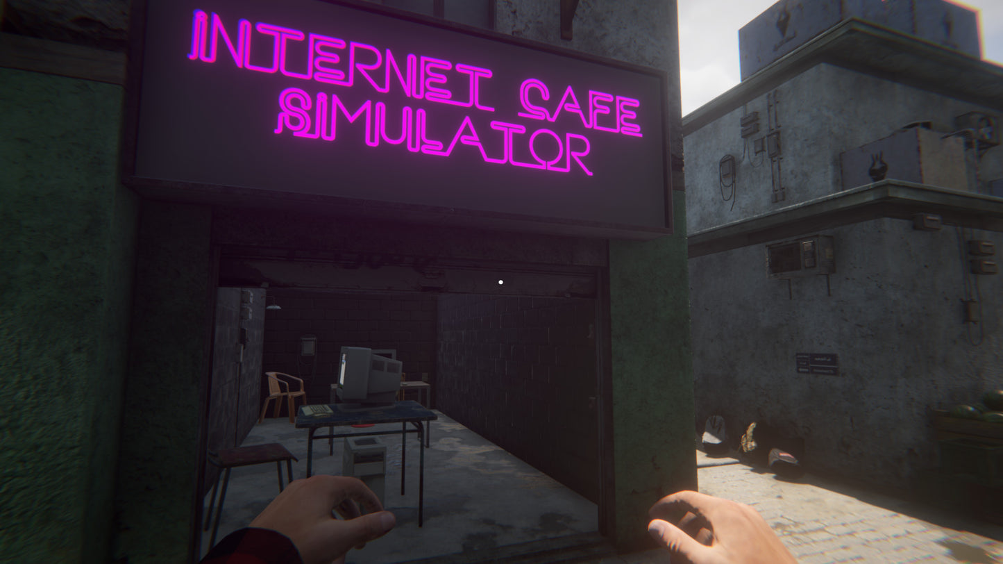 Neon sign reading 'Internet Cafe Simulator' in a virtual or augmented reality setting.