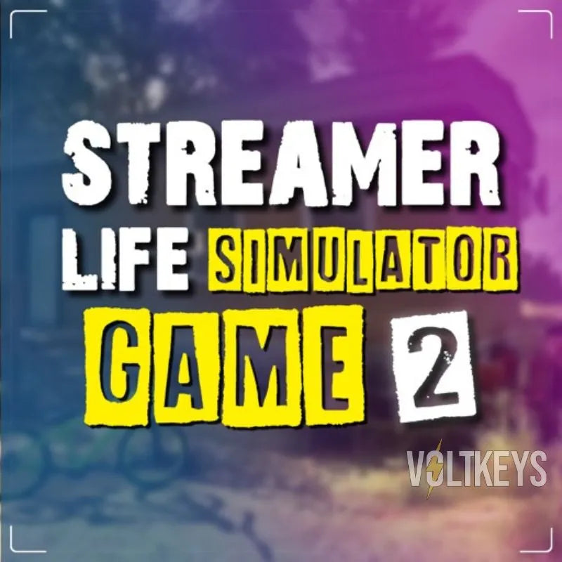 Promotional graphic for 'Streamer Life Simulator Game 2' with colorful text and a blurred background.