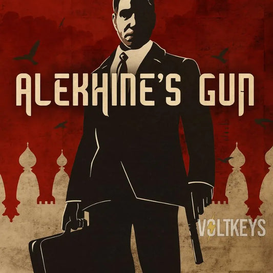Silhouette of a person in a suit with a briefcase and gun against a red and brown background, featuring the text 'ALEKHINE'S GUN' and 'VOLTIKEYS'.