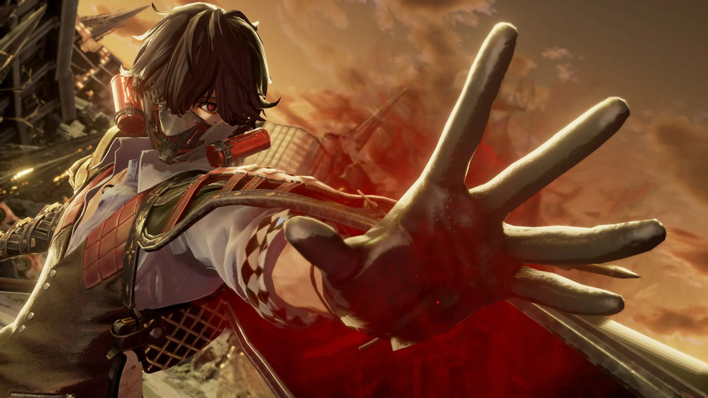 Character in a fantasy setting with a weapon and another character reaching out with a gloved hand.