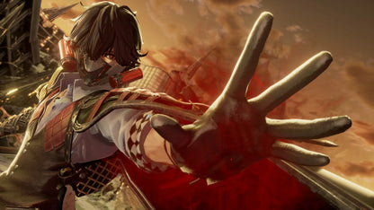 Character in a fantasy setting with a weapon and another character reaching out with a gloved hand.
