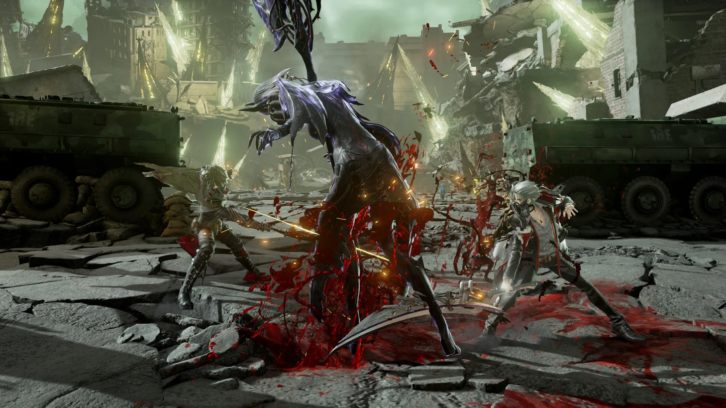 Violent scene with a central figure surrounded by zombies in a post-apocalyptic setting.