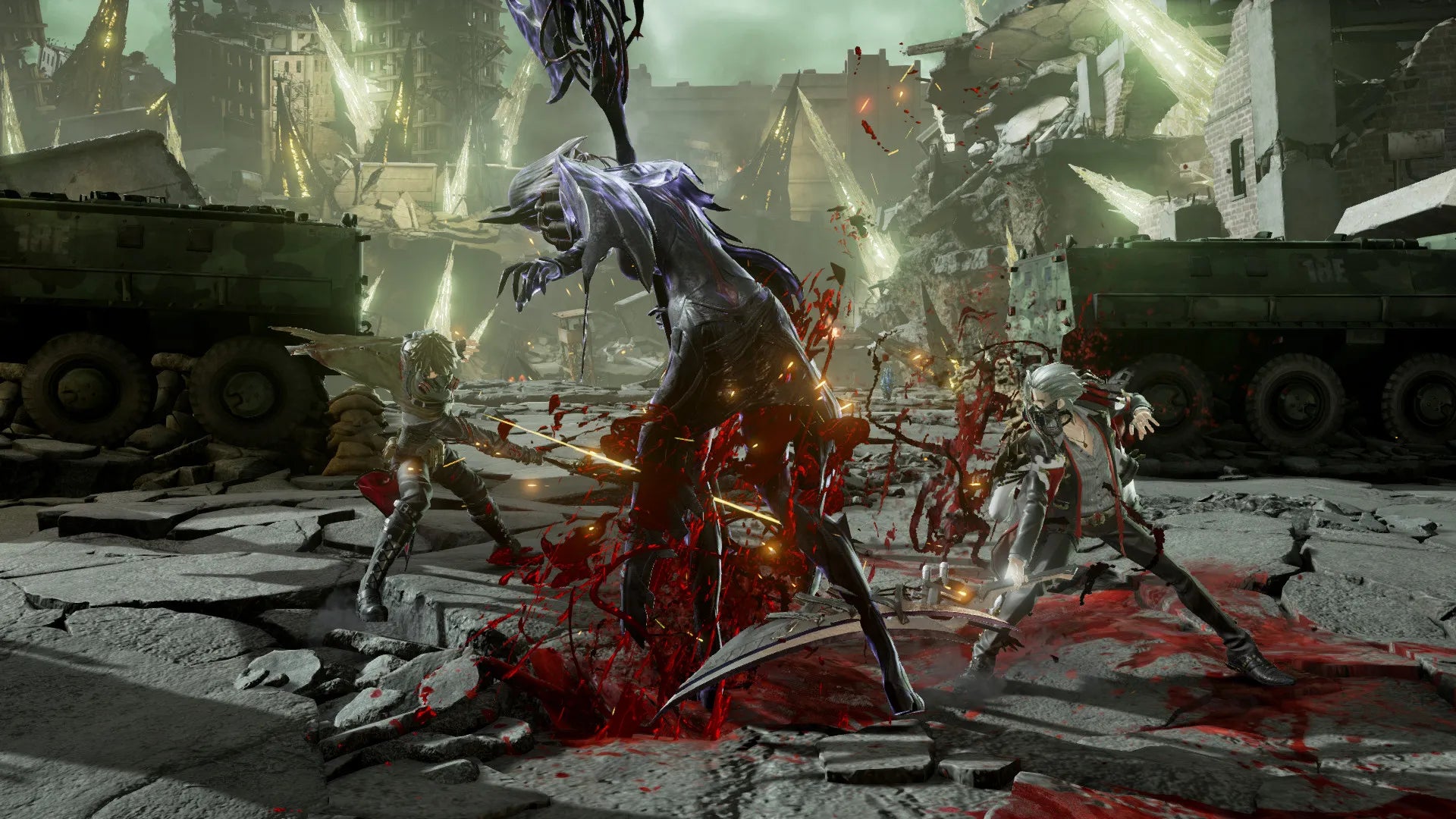 Violent scene with a central figure surrounded by zombies in a post-apocalyptic setting.