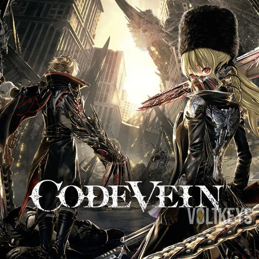 Two characters from 'Code Vein' facing each other with a cityscape in the background