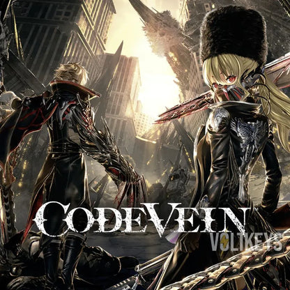 Two characters from 'Code Vein' facing each other with a cityscape in the background
