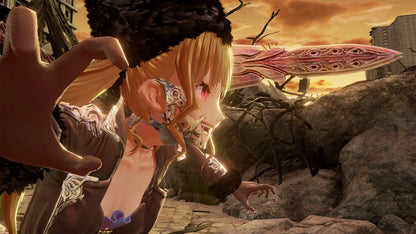 Animated character with a large weapon in a dramatic setting