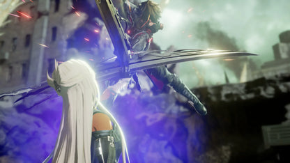 Character with long white hair and futuristic armor in a sci-fi setting