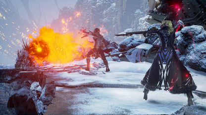 Two characters in a snowy, battle-affected landscape with explosions and weapons.