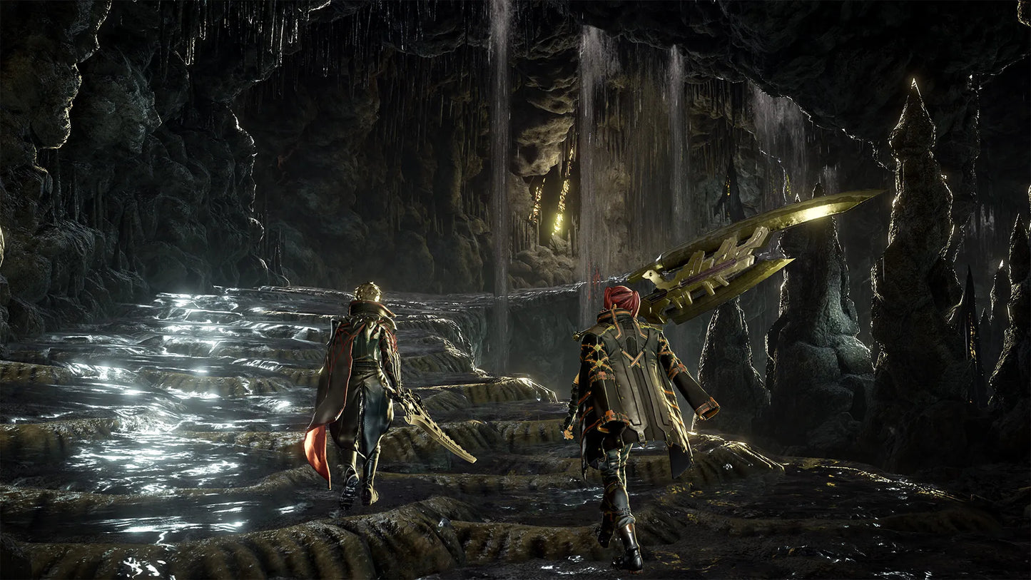 Two characters in a dark, cave-like environment with a glowing sword.
