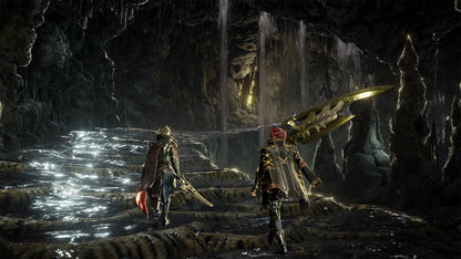 Two characters in a dark, cave-like environment with a glowing sword.
