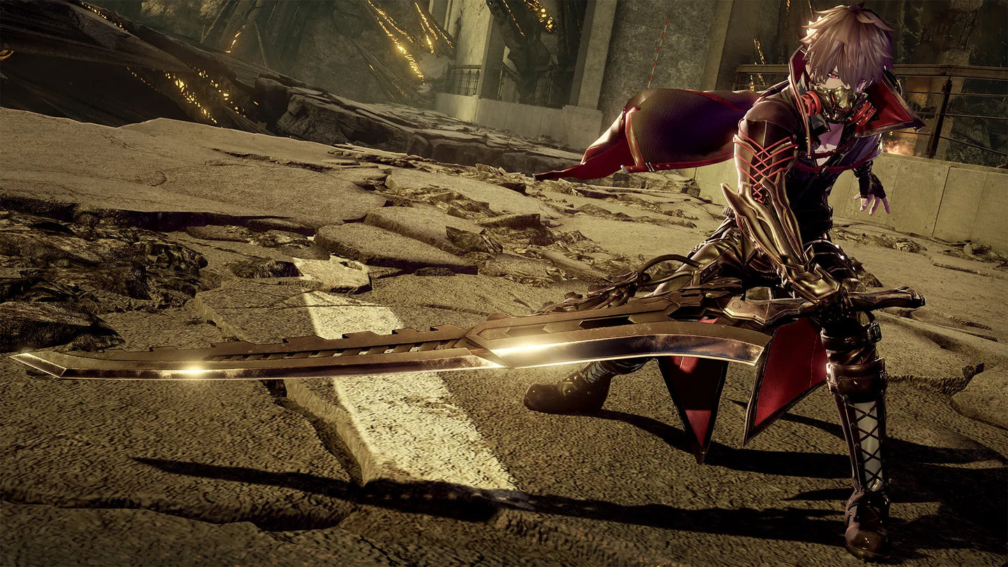 Character in futuristic armor with a large weapon on a desolate landscape