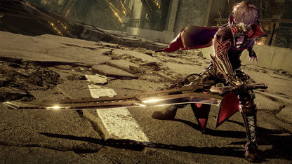 Character in futuristic armor with a large weapon on a desolate landscape