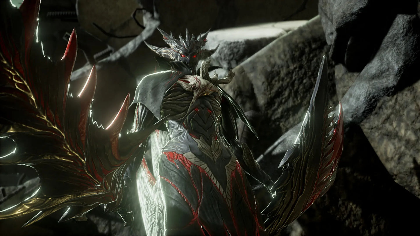 Detailed fantasy creature with armor and wings in a dark, rocky environment