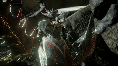 Detailed fantasy creature with armor and wings in a dark, rocky environment