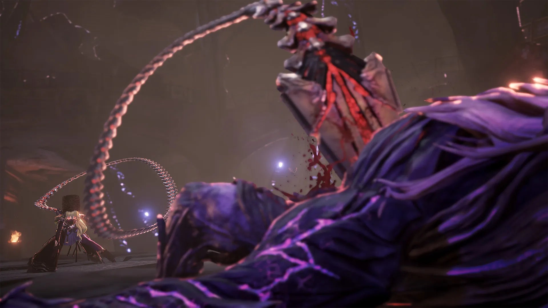Monster with tentacles and a large creature in a dark, otherworldly landscape