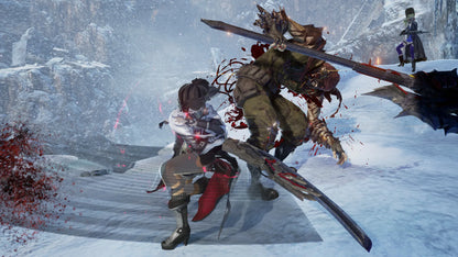 Two characters in a snowy landscape, one wielding a large weapon, with a third character in the background.