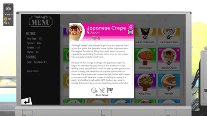 Vending machine screen displaying a Japanese crepe menu with images and text.