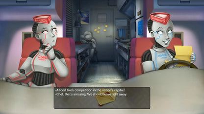 Animated characters in a food truck interior with dialogue text.