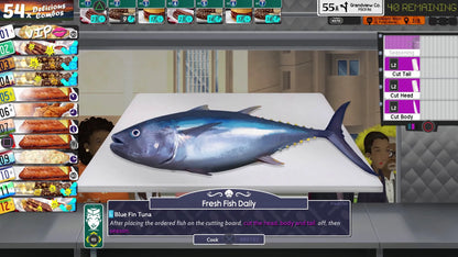 Sushi-making game interface with a bluefin tuna on a cutting board