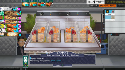 Game interface showing a kitchen scene with cooking stations and ingredients.