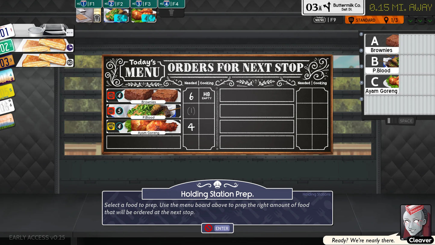 Menu board with food items and orders for a restaurant simulation game