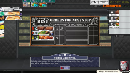 Menu board with food items and orders for a restaurant simulation game