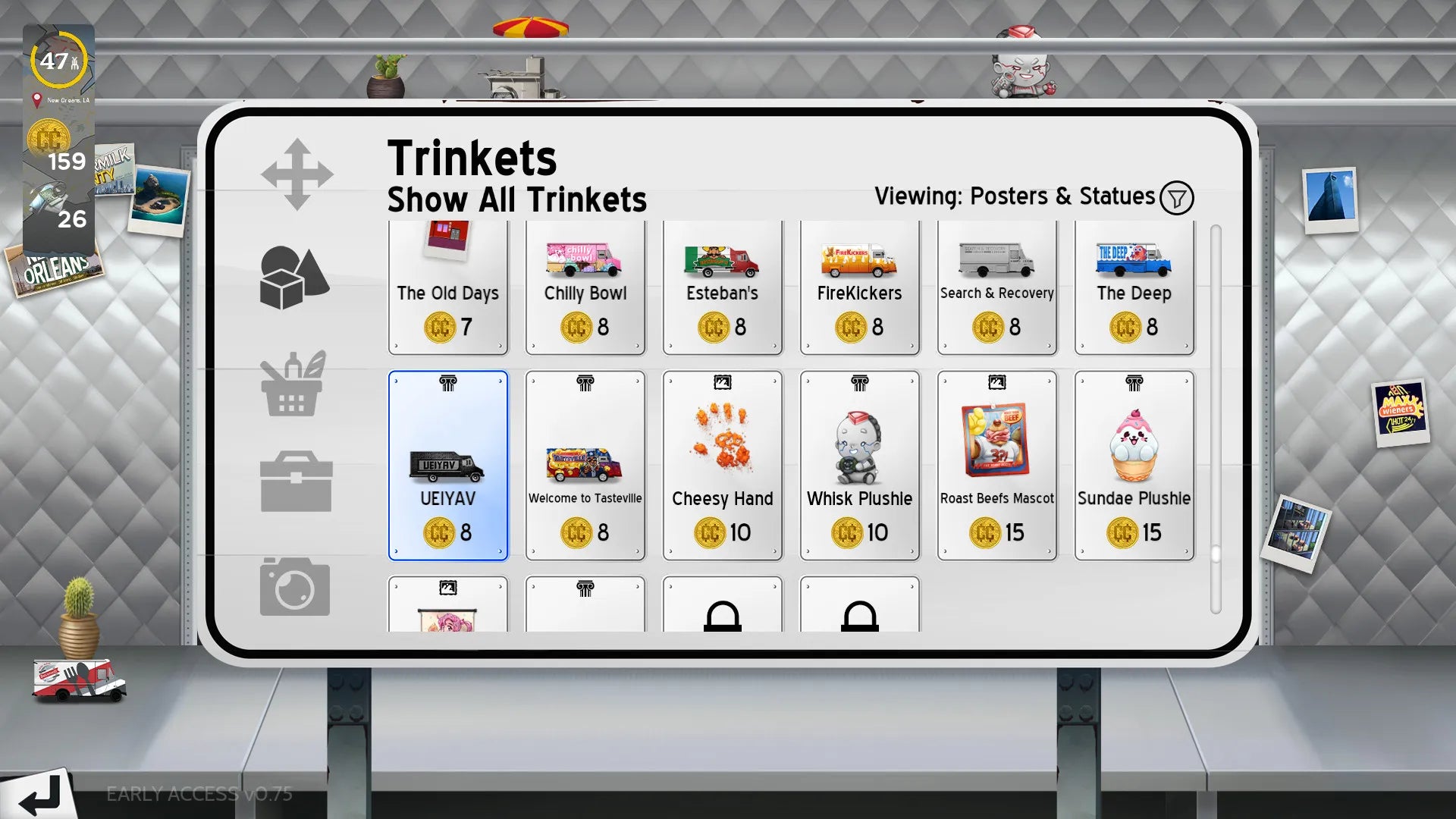 Digital interface showing a collection of trinkets with icons and numbers on a screen.