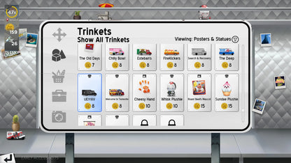 Digital interface showing a collection of trinkets with icons and numbers on a screen.