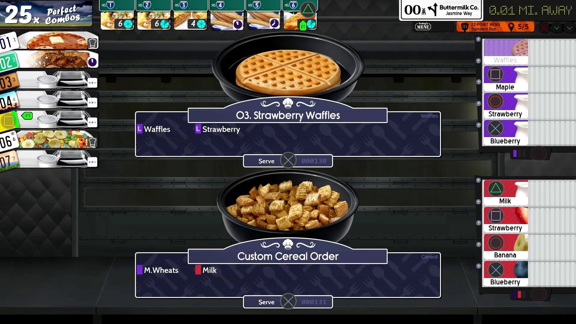Simulated cereal machine interface with waffles and customizable options on a dark background