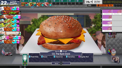 Hamburger being built in a cooking simulation game with interface elements.