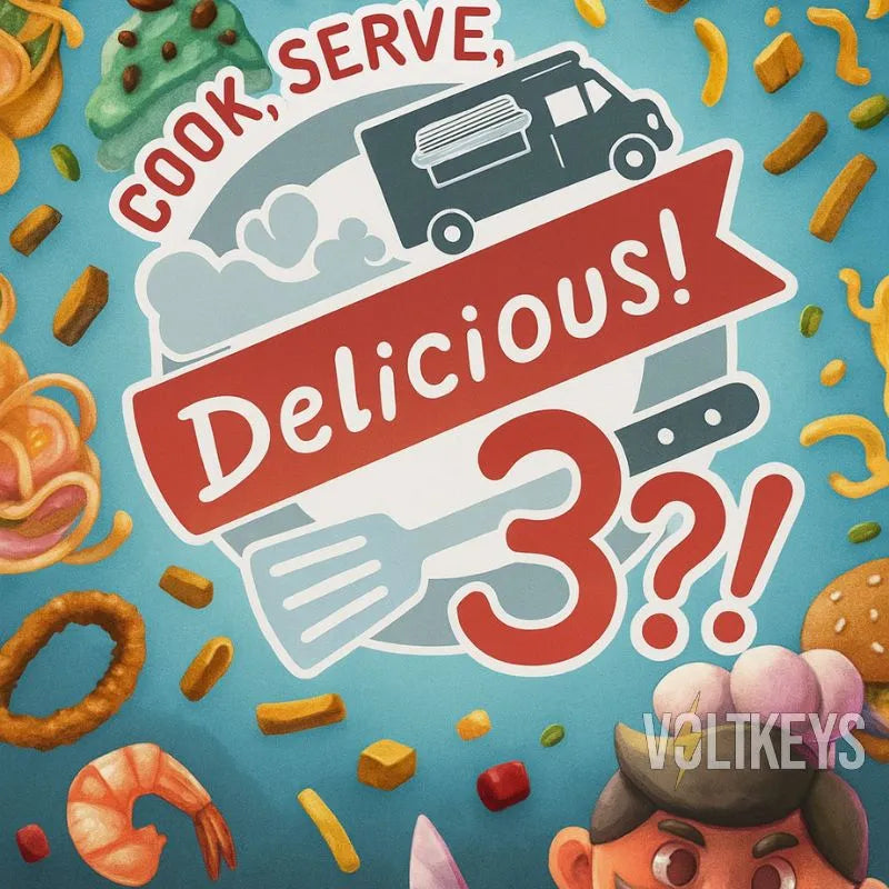 Illustration of a food truck with 'Cook, Serve, Delicious!' text and various food items on a blue background.