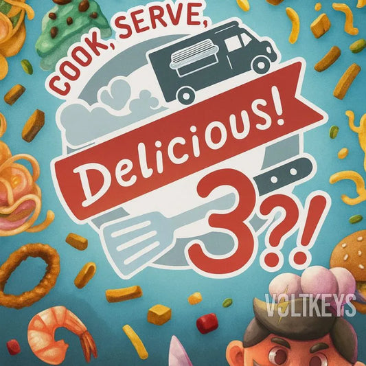 Illustration of a food truck with 'Cook, Serve, Delicious!' text and various food items on a blue background.