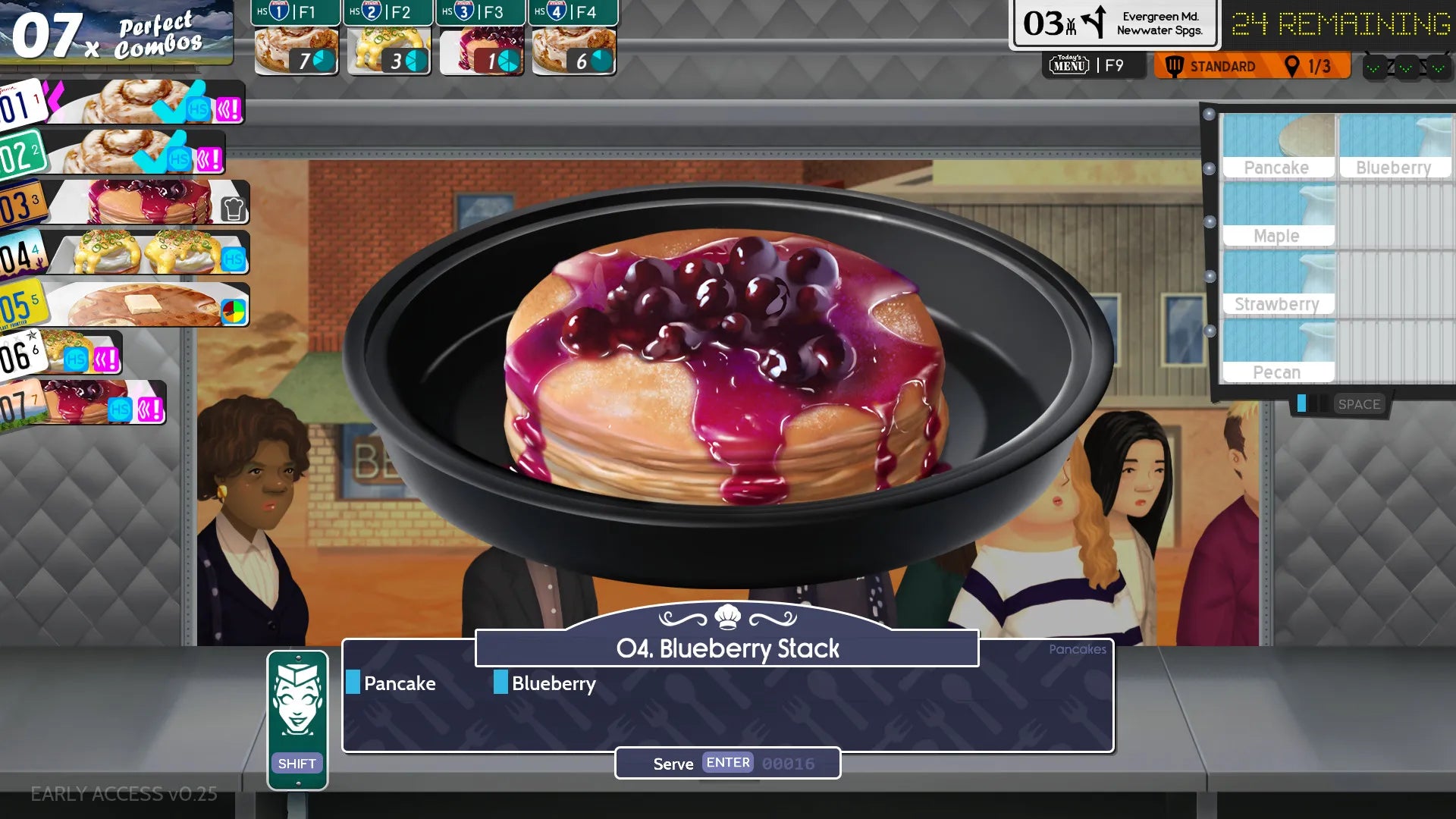 Blueberry pancake in a frying pan with a game interface in the background