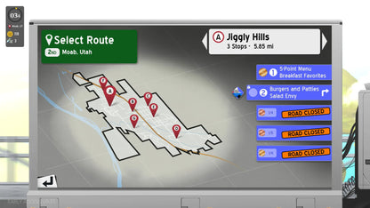 Digital display showing a map with route information and closed road alerts.