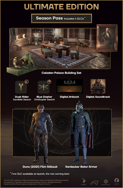 Promotional graphic for 'Dune' Ultimate Edition Season Pass with game elements and character models.