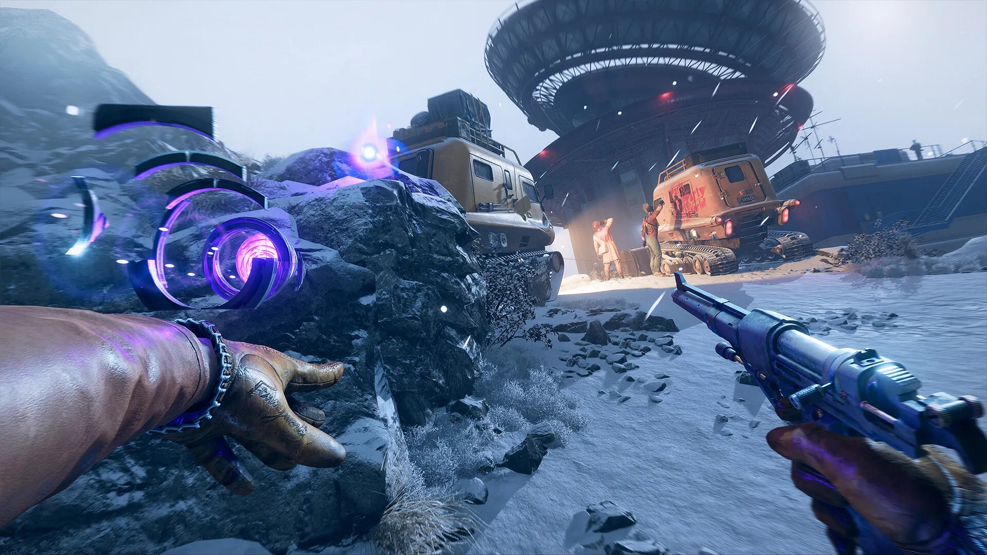 Game scene with futuristic alien ship in a snowy landscape