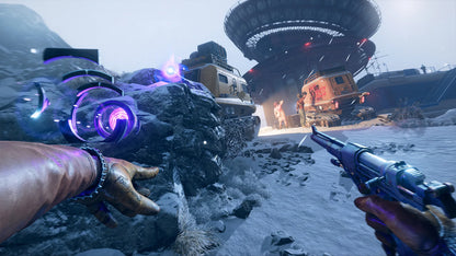 Game scene with futuristic alien ship in a snowy landscape