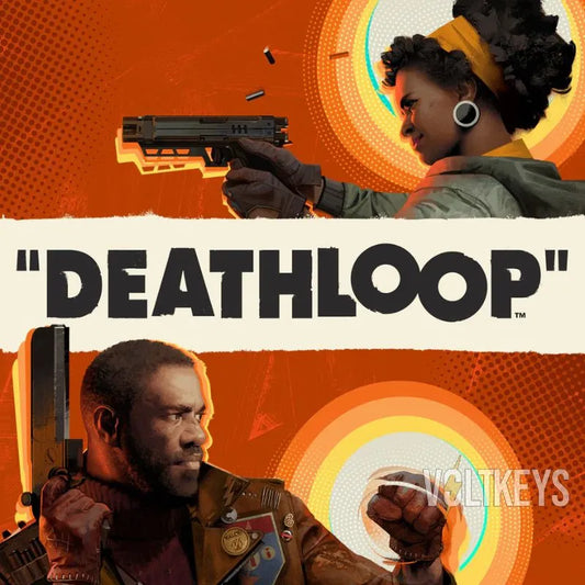 Promotional poster for 'Deathloop' featuring two characters with guns against an orange background.