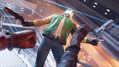 Character in a green jacket and helmet in a dynamic pose with weapons in a futuristic setting