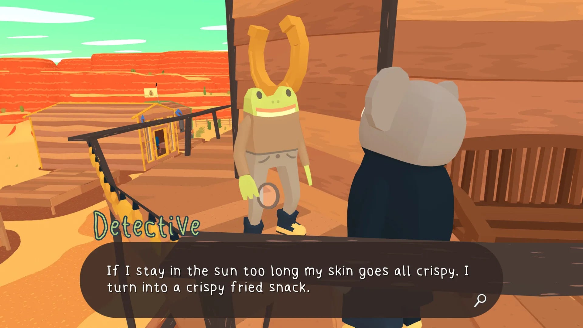 Animated scene with a character in a desert setting, interacting with another character.