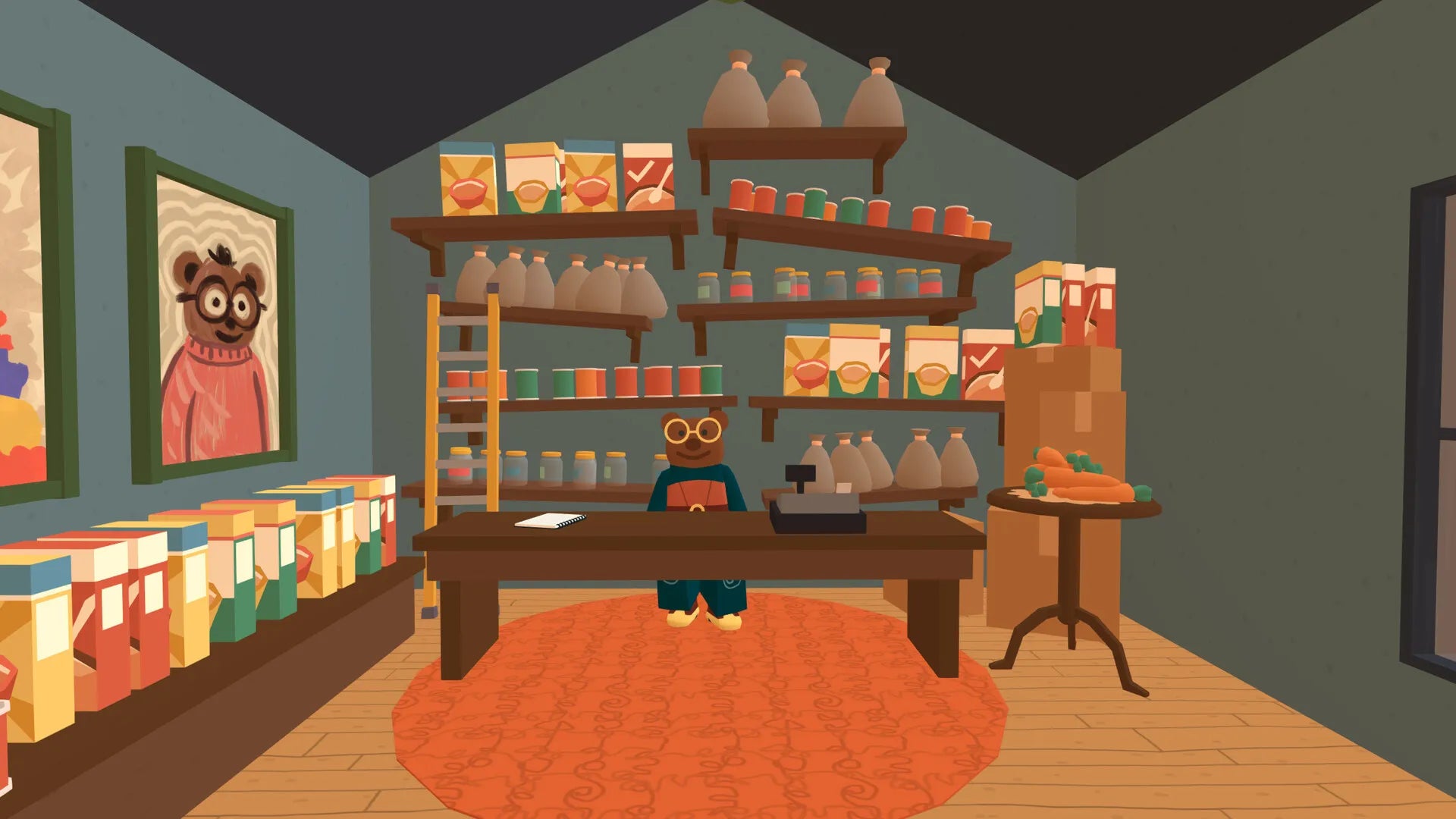 Illustration of a store interior with shelves, products, and a counter.