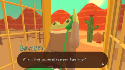 Animated frog character in a desert setting with text box displaying dialogue.