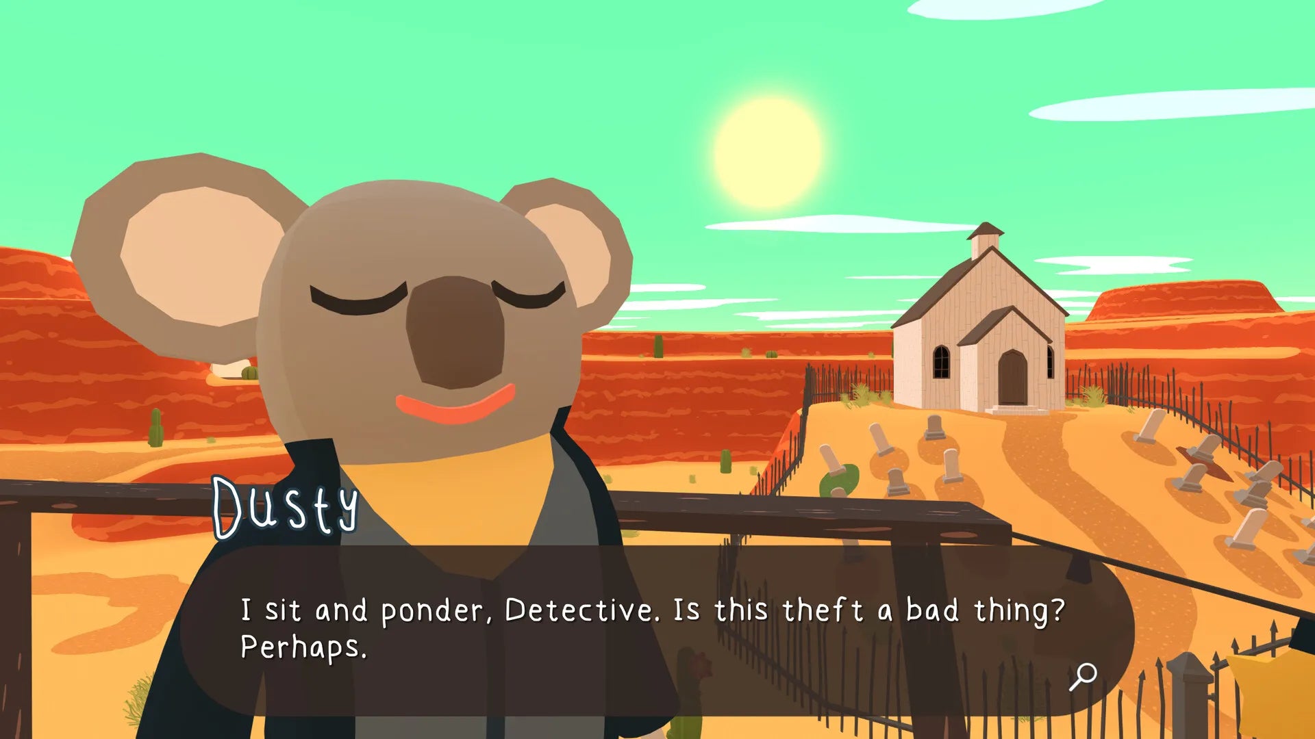 Animated koala character named Dusty in a desert setting with a house and fence.