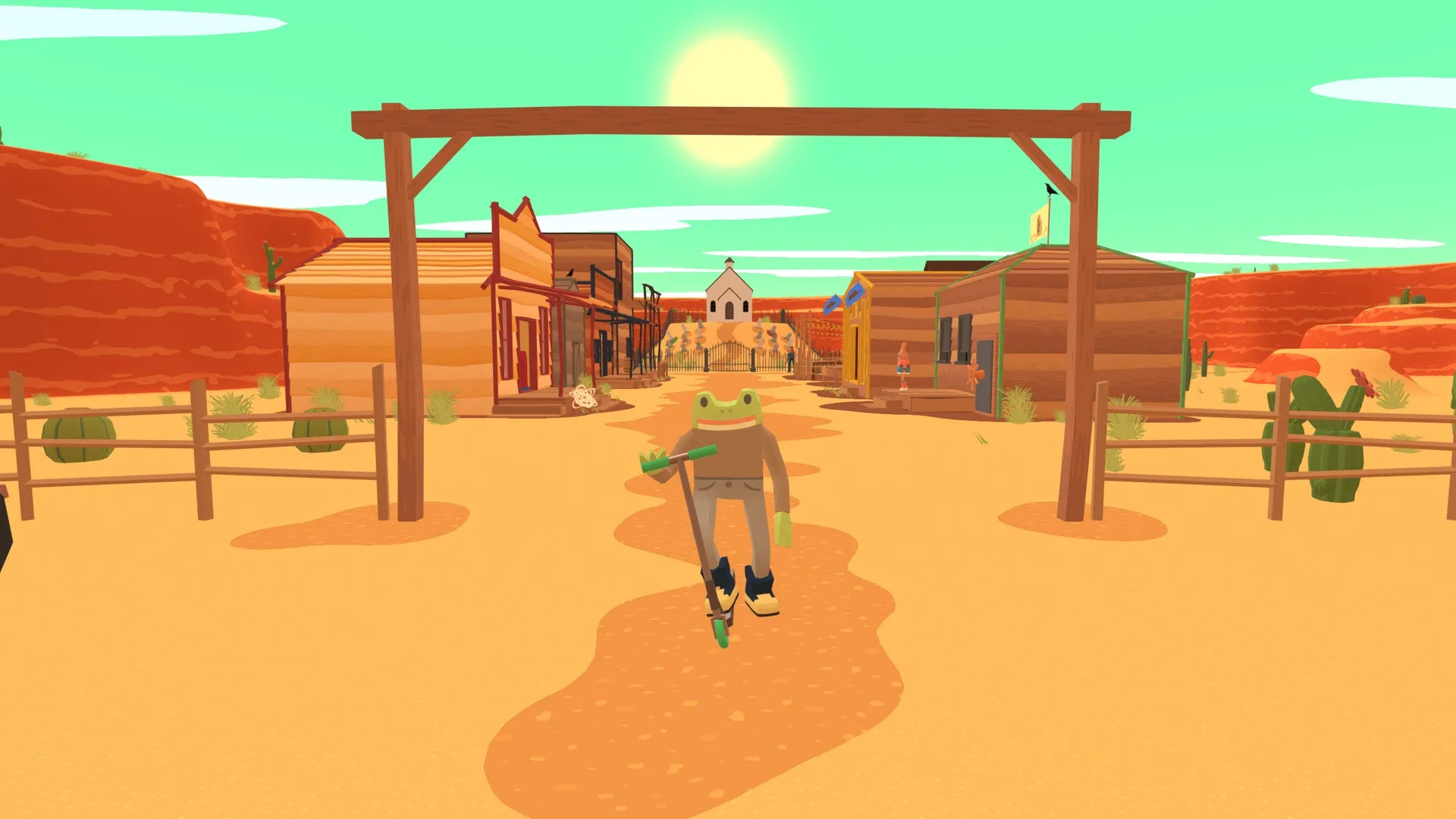 Cartoon character in a desert town with wooden buildings and a green hat.